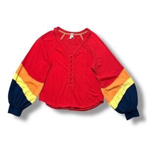 We The Free Top Rainbow Dreams Balloon Sleeve Free People Blouse Red Medium